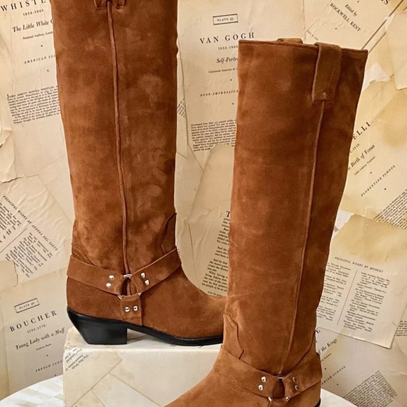 Free People Lockhart Harness Tall Boots Western Pull On Tan Brown Suede - Picture 7 of 9